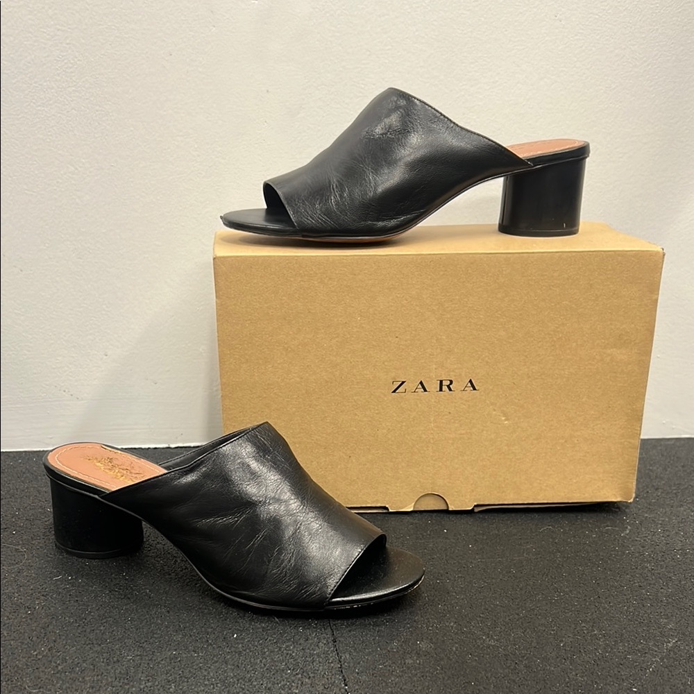 Zara Black Leather Mules with Block Heel
